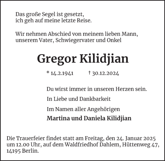 Traueranzeige von Gregor Kilidjian von Berliner Morgenpost