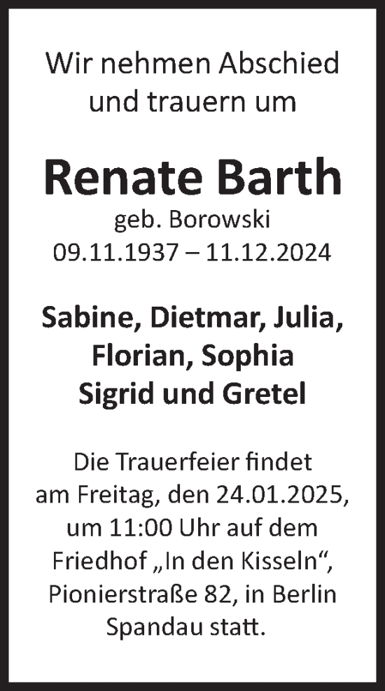 Traueranzeige von Renate Barth 