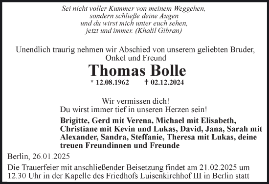 Traueranzeige von Thomas Bolle von Berliner Morgenpost