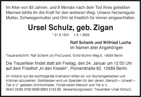 Traueranzeige von Ursel Schulz 