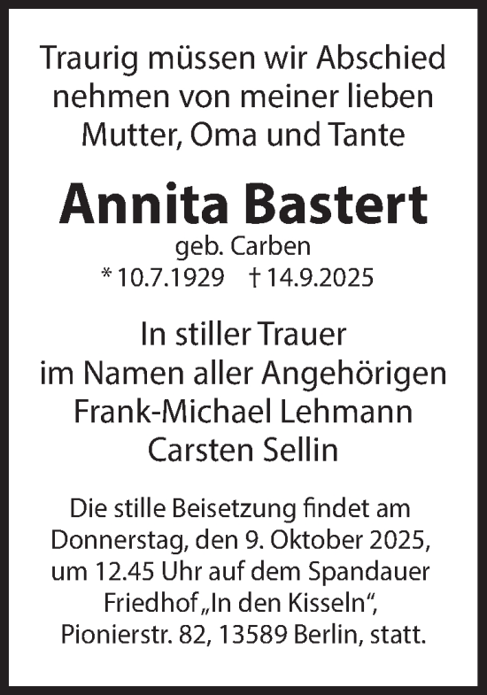 Traueranzeige von Annita Bastert 