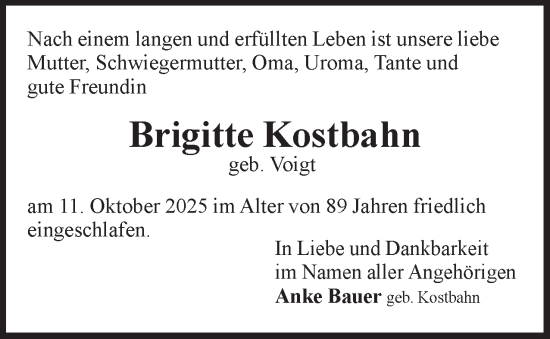 Traueranzeige von Brigitte Kostbahn 