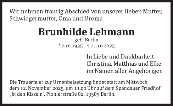 Traueranzeige von Brunhilde Lehmann 