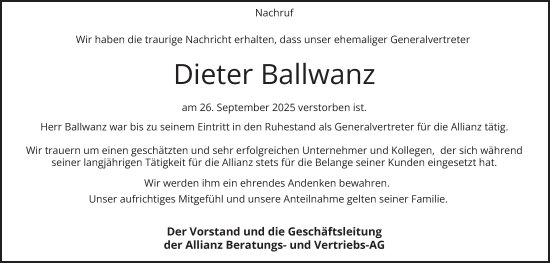 Traueranzeige von Dieter Ballwanz von Berliner Morgenpost