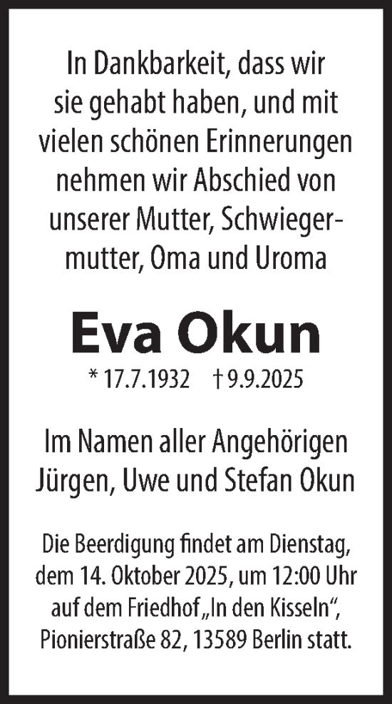 Traueranzeige von Eva Okun 