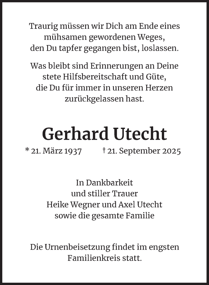  Traueranzeige für Gerhard Utecht vom 11.10.2025 aus 
