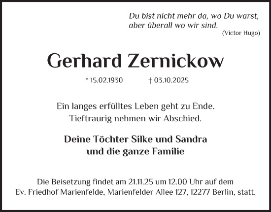 Traueranzeige von Gerhard Zernickow von Berliner Morgenpost