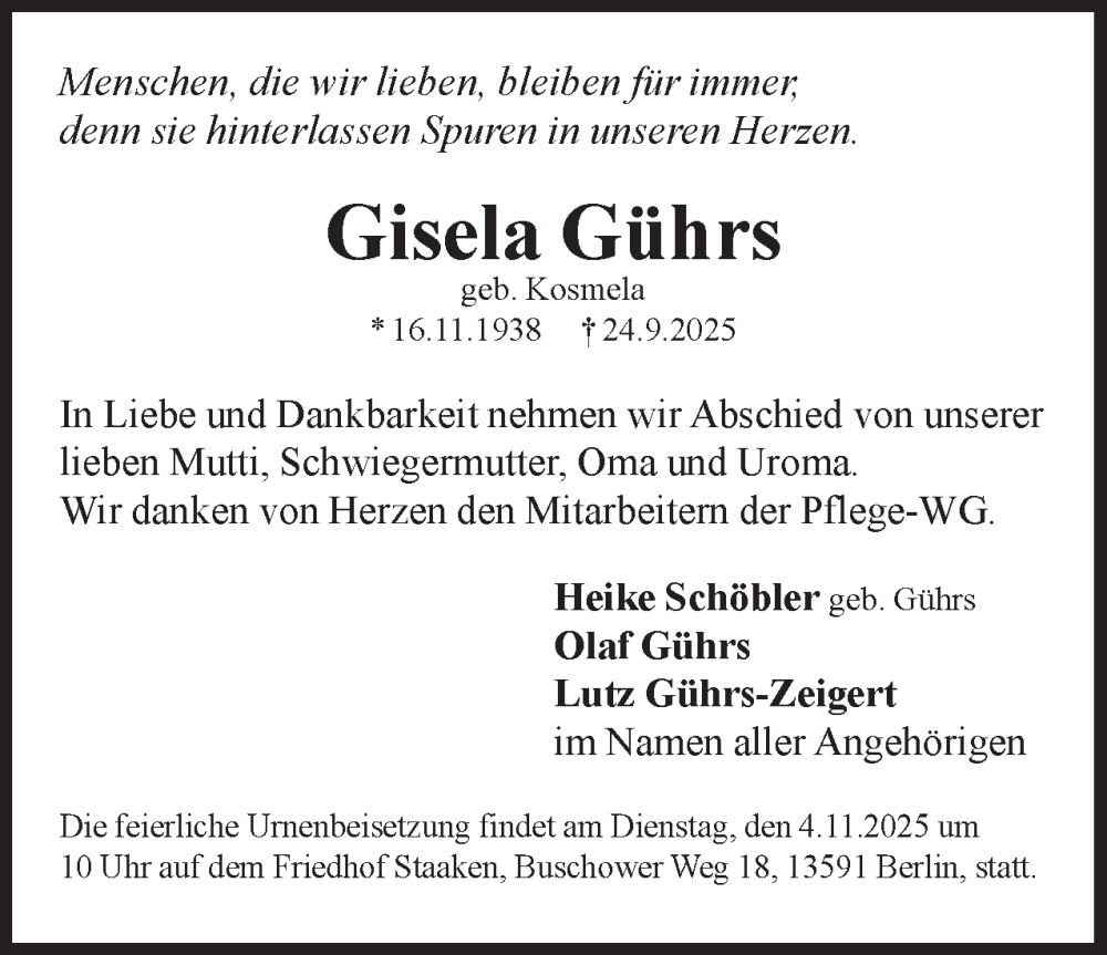  Traueranzeige für Gisela Gührs vom 01.11.2025 aus 
