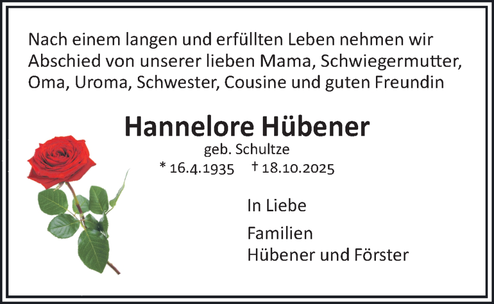  Traueranzeige für Hannelore Hübener vom 01.11.2025 aus 