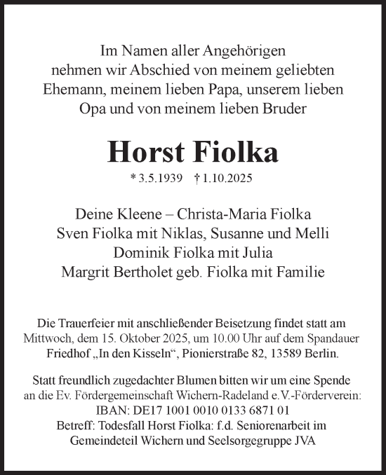 Traueranzeige von Horst Fiolka 