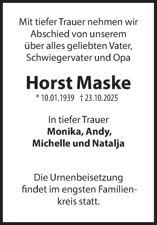 Traueranzeige von Horst Maske 
