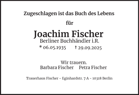 Traueranzeige von Joachim Fischer von Berliner Morgenpost
