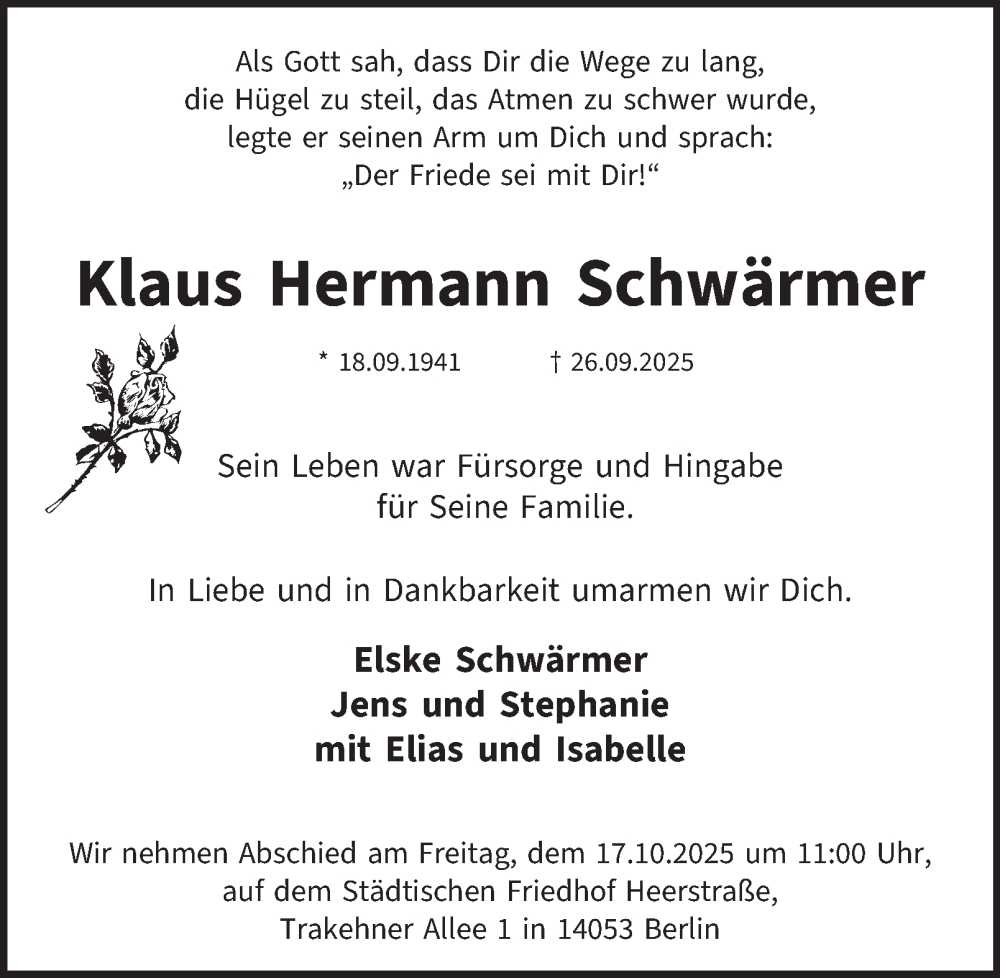  Traueranzeige für Klaus Hermann Schwärmer vom 11.10.2025 aus Berliner Morgenpost