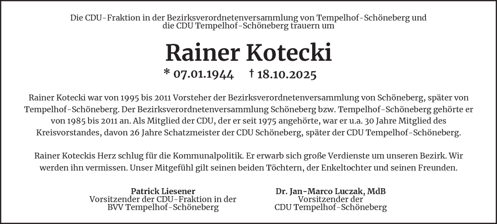  Traueranzeige für Rainer Kotecki vom 01.11.2025 aus Berliner Morgenpost