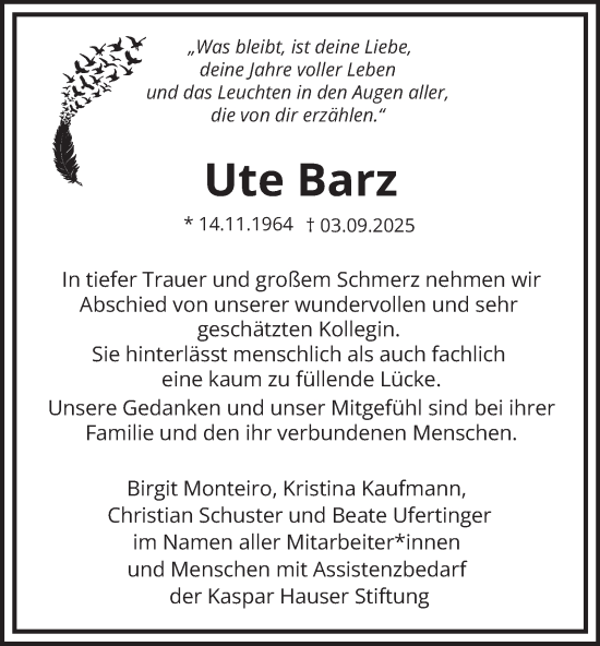 Traueranzeige von Ute Barz 