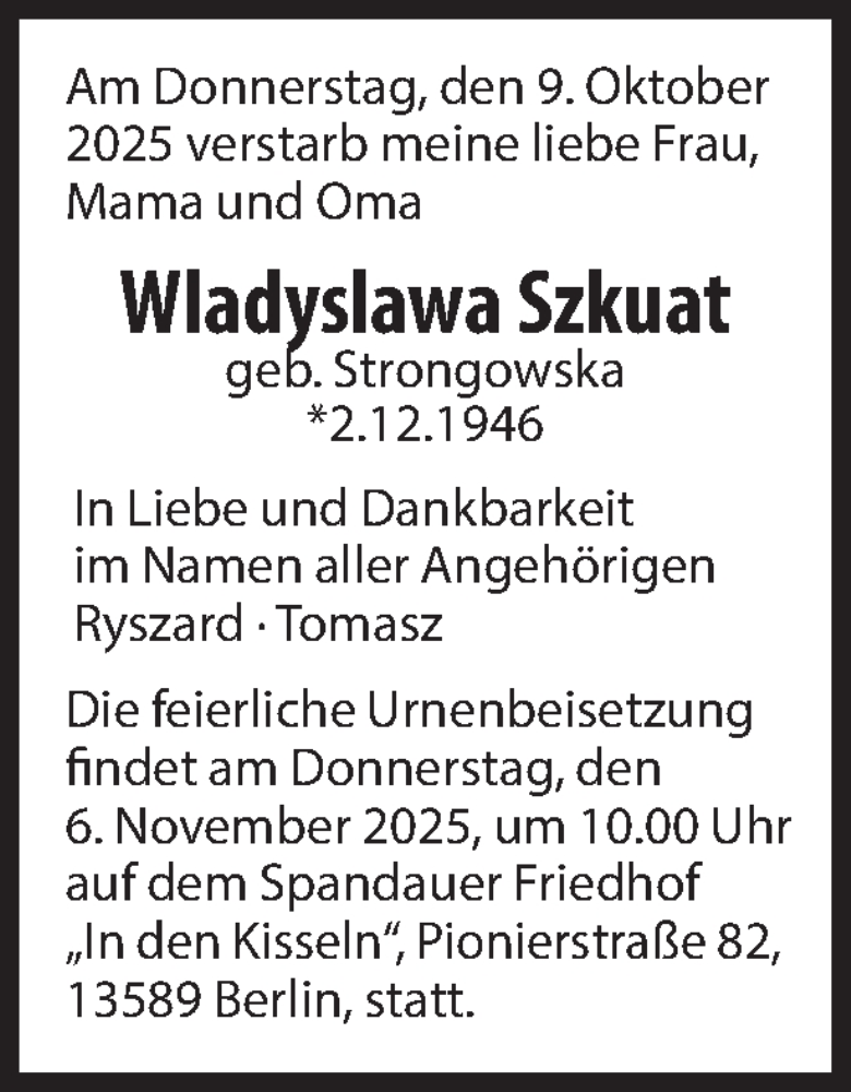  Traueranzeige für Wladyslawa Szkuat vom 01.11.2025 aus 