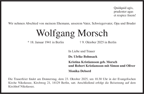 Traueranzeige von Wolfgang Morsch von Berliner Morgenpost