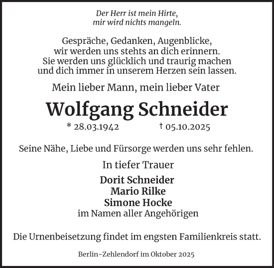 Traueranzeige von Wolfgang Schneider von Berliner Morgenpost