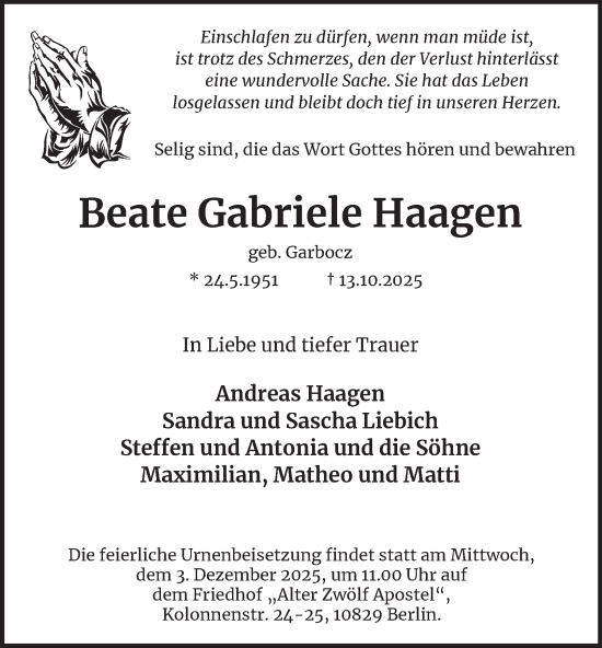 Traueranzeige von Beate Gabriele Haagen von Berliner Morgenpost