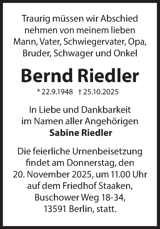 Traueranzeige von Bernd Riedler 