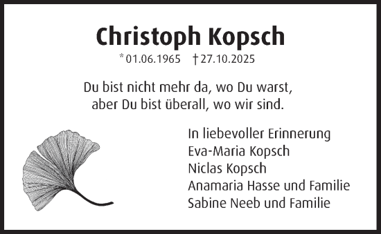 Traueranzeige von Christoph Kopsch 