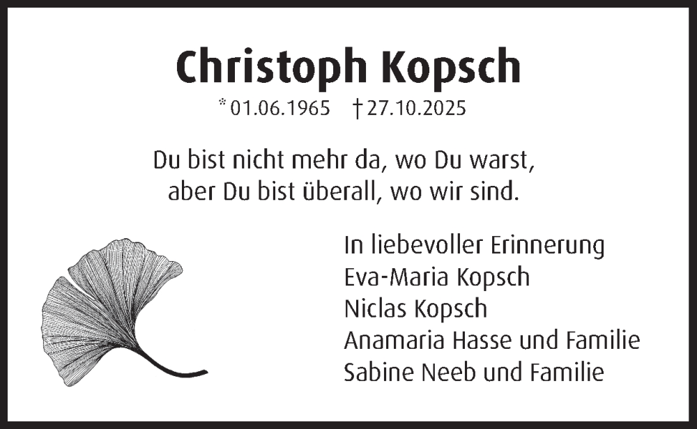  Traueranzeige für Christoph Kopsch vom 22.11.2025 aus 