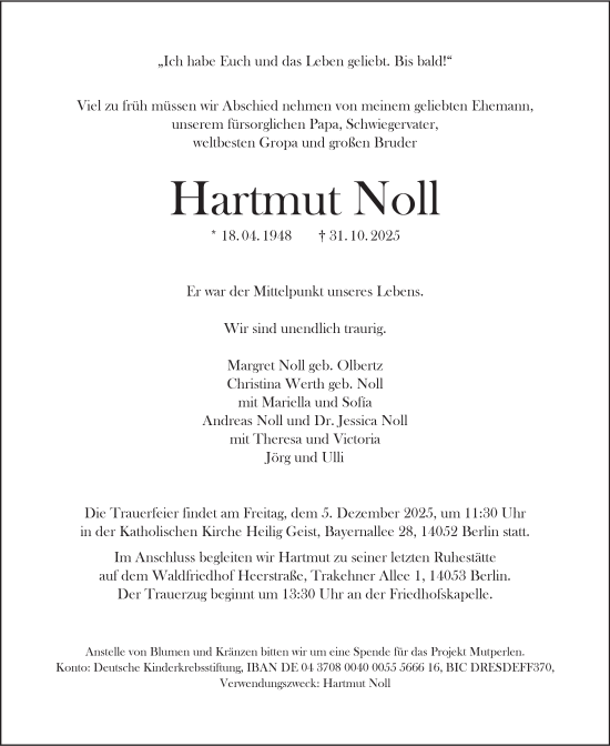Traueranzeige von Hartmut Noll von Berliner Morgenpost
