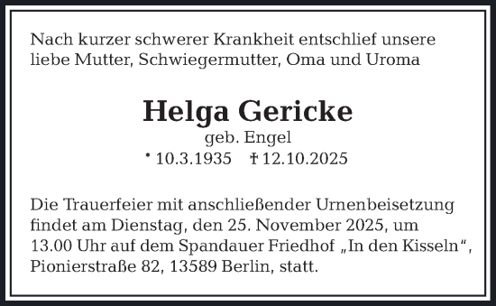 Traueranzeige von Helga Gericke 