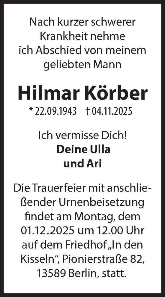 Traueranzeige von Hilmar Körber 