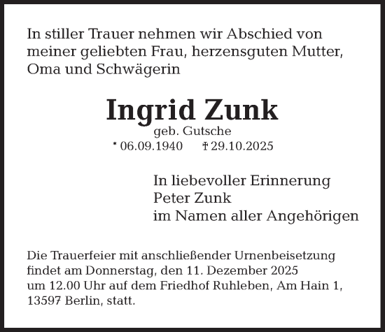 Traueranzeige von Ingrid Zunk 