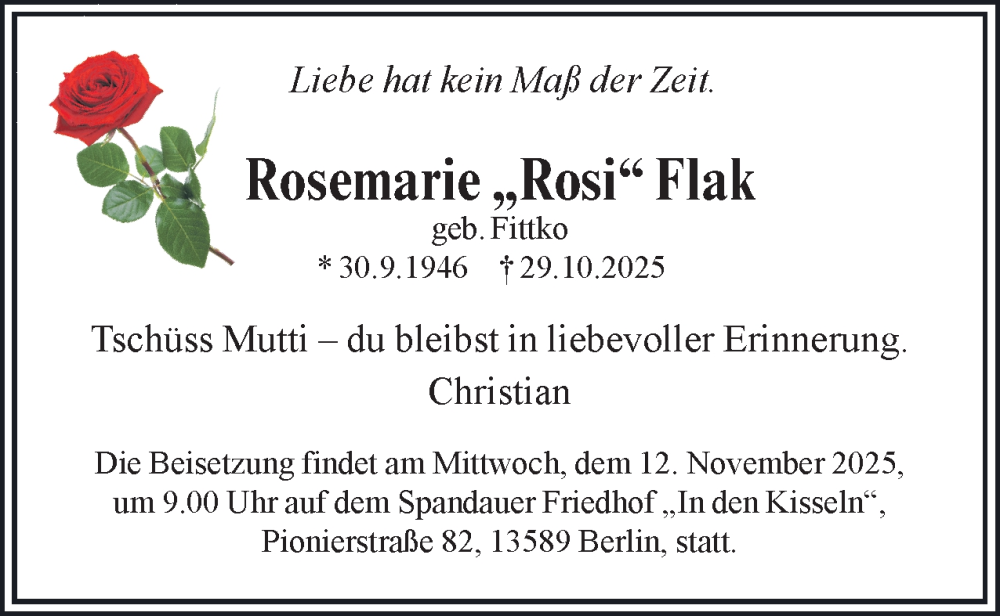  Traueranzeige für Rosemarie Flak vom 04.11.2025 aus 