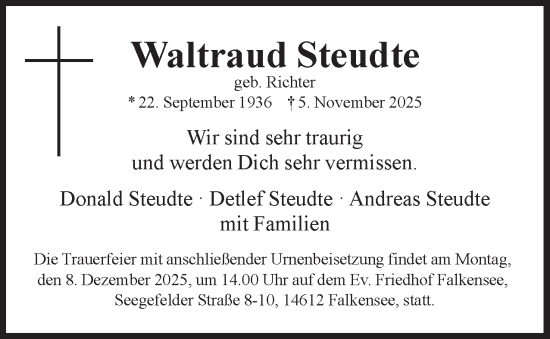 Traueranzeige von Waltraud Steudte 