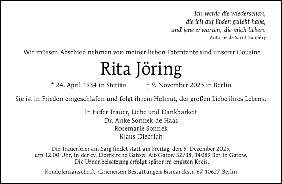 Traueranzeige von Rita Jöring von Berliner Morgenpost
