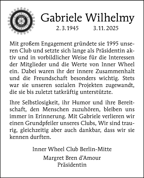 Traueranzeige von Gabriele Wilhelmy von Berliner Morgenpost