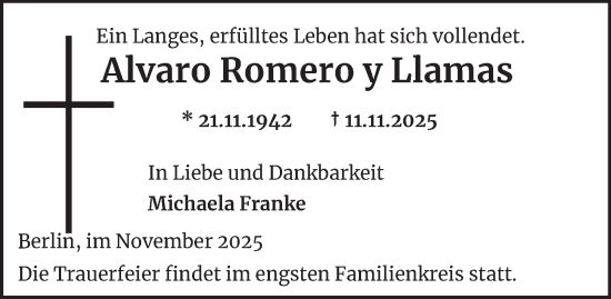 Traueranzeige von Alvaro Romero y Llamas von Berliner Morgenpost