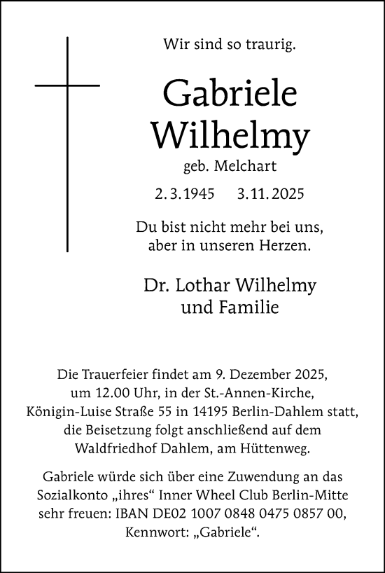 Traueranzeige von Gabriele Wilhelmy von Berliner Morgenpost