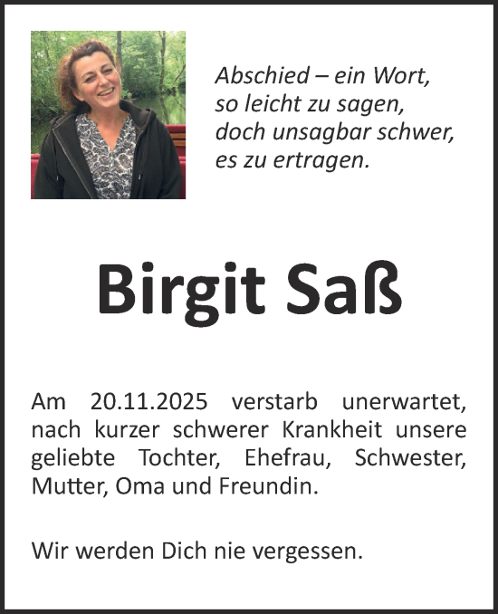 Traueranzeige von Birgit Saß 