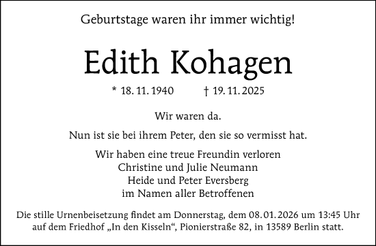 Traueranzeige von Edith Kohagen von Berliner Morgenpost