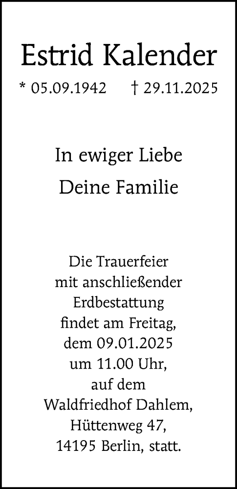  Traueranzeige für Estrid Kalender vom 20.12.2025 aus Berliner Morgenpost
