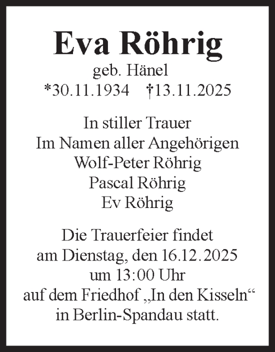 Traueranzeige von Eva Röhrig 