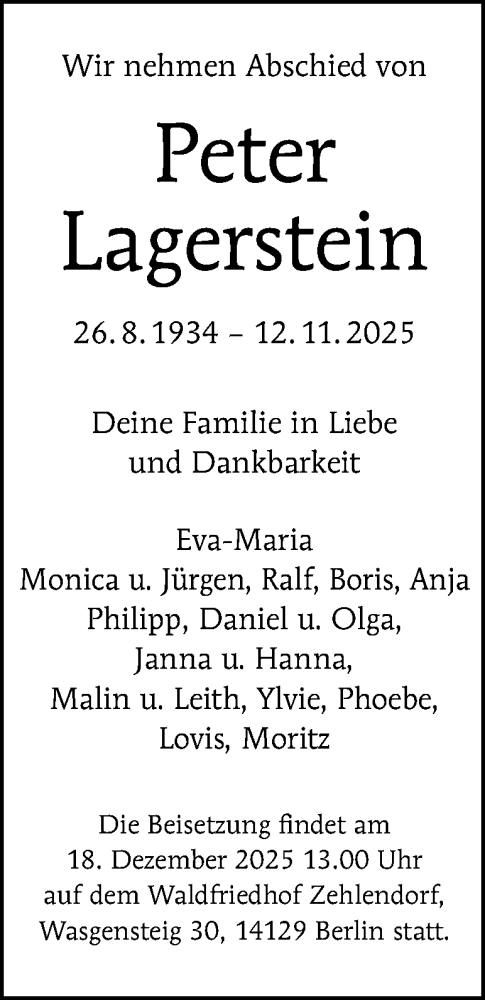 Traueranzeige von Peter Lagerstein von Berliner Morgenpost