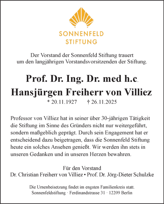 Traueranzeige von Hansjürgen Freiherr von Villiez von Berliner Morgenpost