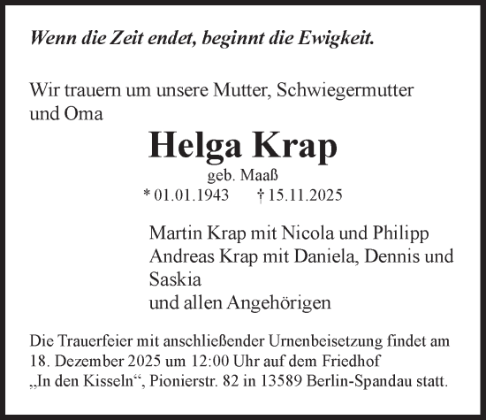 Traueranzeige von Helga Krap 