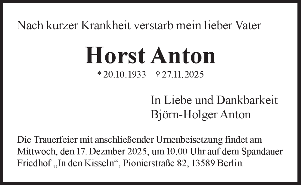  Traueranzeige für Horst Anton vom 13.12.2025 aus 