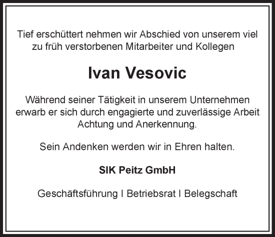 Traueranzeige von Ivan Vesovic 