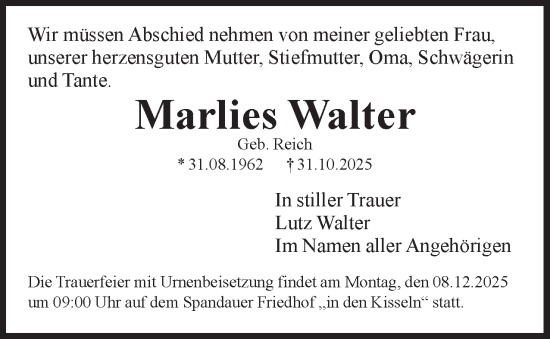 Traueranzeige von Marlies Walter 