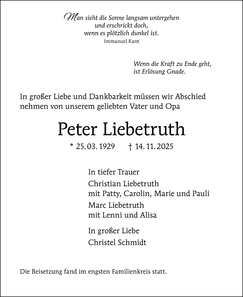  Traueranzeige für Peter Liebetruth vom 20.12.2025 aus Berliner Morgenpost