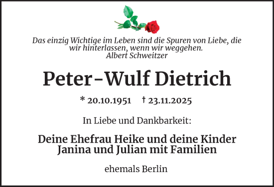 Traueranzeige von Peter-Wulf Dietrich von Berliner Morgenpost