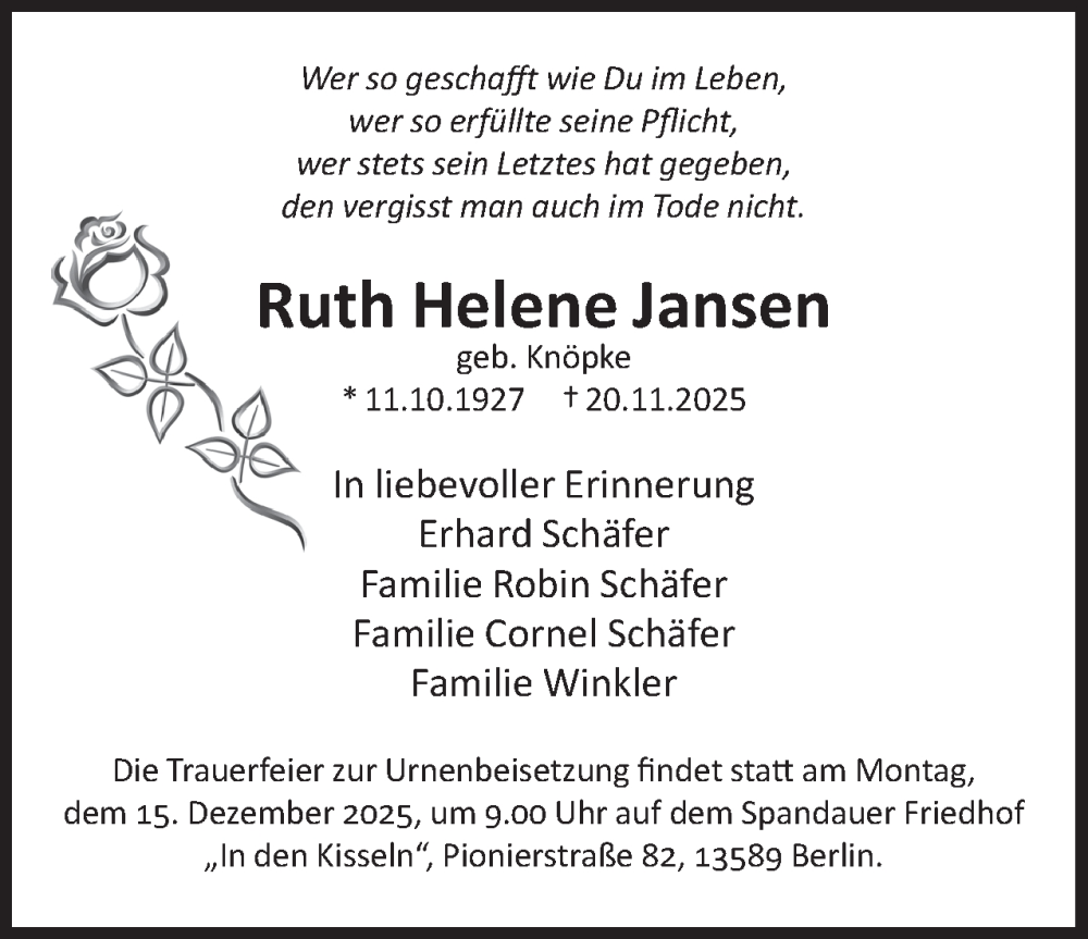 Traueranzeige für Ruth Helene Jansen vom 06.12.2025 aus 