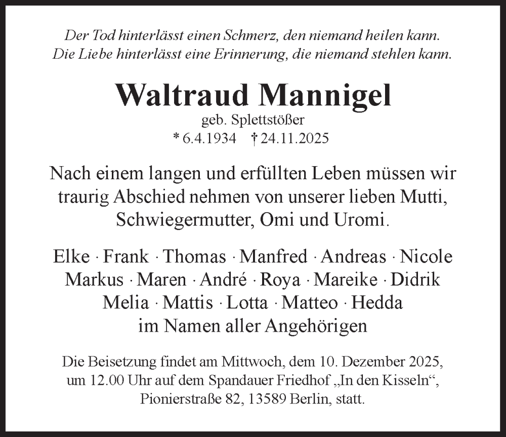  Traueranzeige für Waltraud Mannigel vom 06.12.2025 aus 